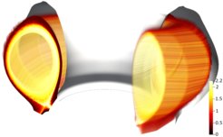 Visualisation of the turbulence simulation with GRILLIX. The colour scale represents the plasma density in units [1019 particles per cubic metre. Other codes are used for the calculation in the plasma core, so the area here is empty.